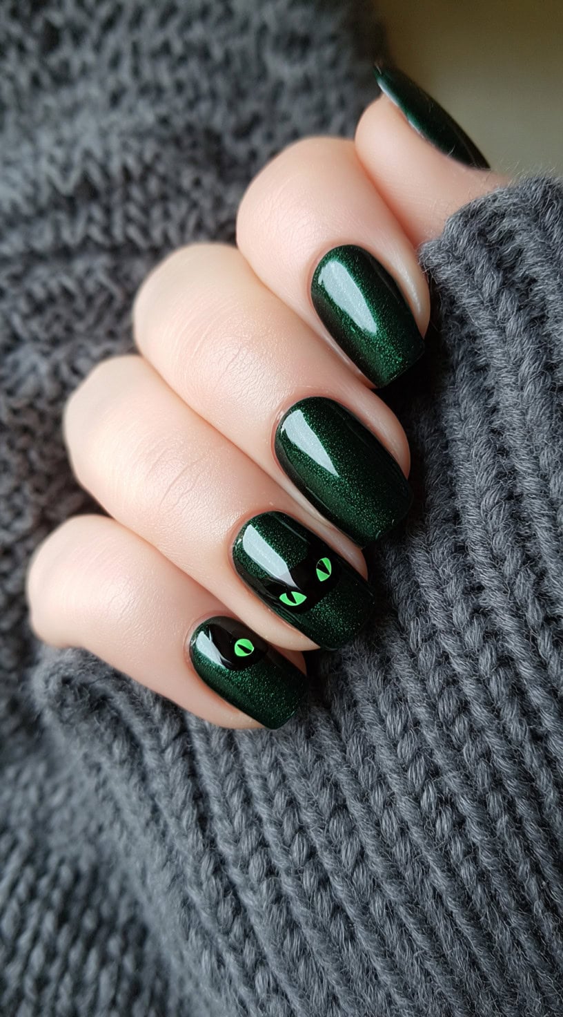 Short oval nails coated in glossy emerald green polish, with two accent nails featuring a pair of eerie cat eyes in lime green.
