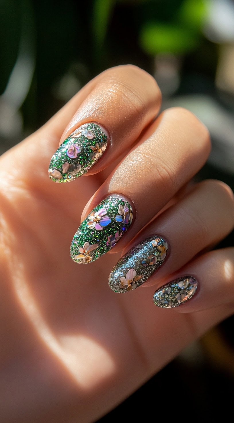 A set of glittery green nails adorned with delicate floral embellishments, featuring tiny metallic accents for a dazzling effect.