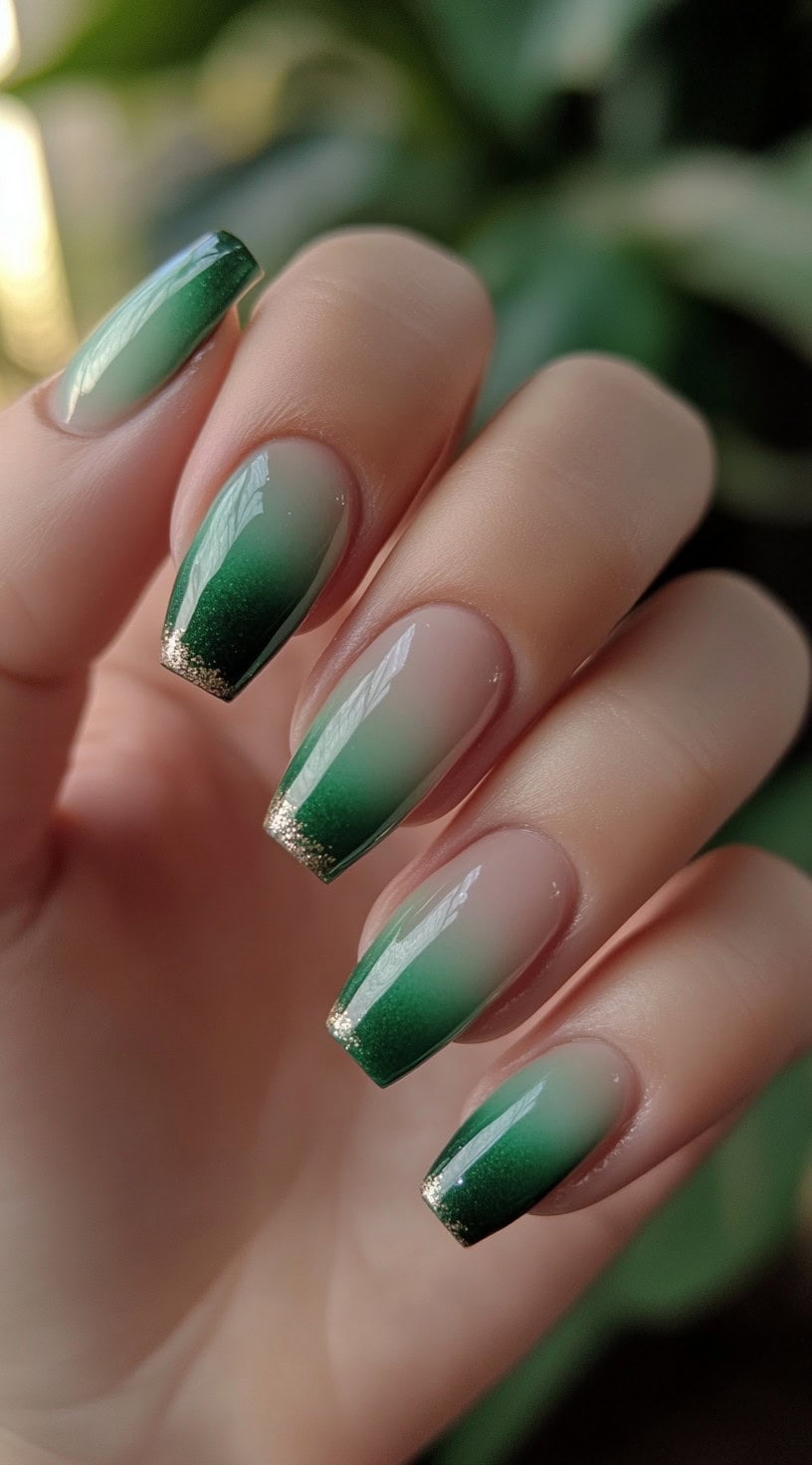 A set of square-shaped nails featuring a seamless green ombre effect fading into a nude base, finished with fine gold glitter tips.