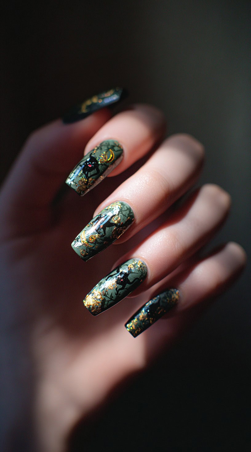 A hand with coffin-shaped nails painted forest green and decorated with black cats, gold foil accents, and Halloween details like crescent moons.