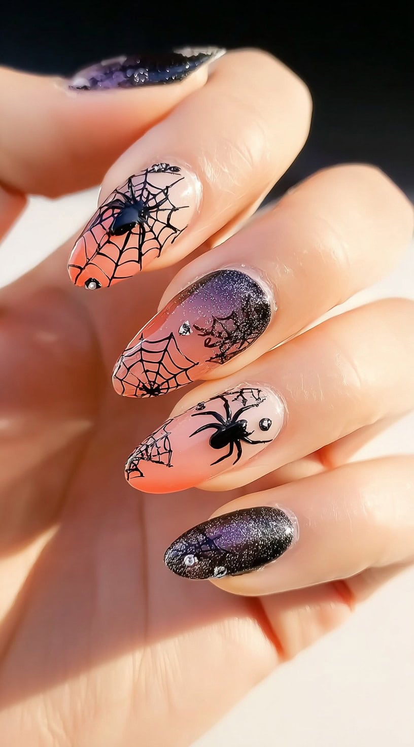 A hand with short almond nails featuring peach-to-black ombré, spiderwebs, 3D spider charms, and rhinestone details.