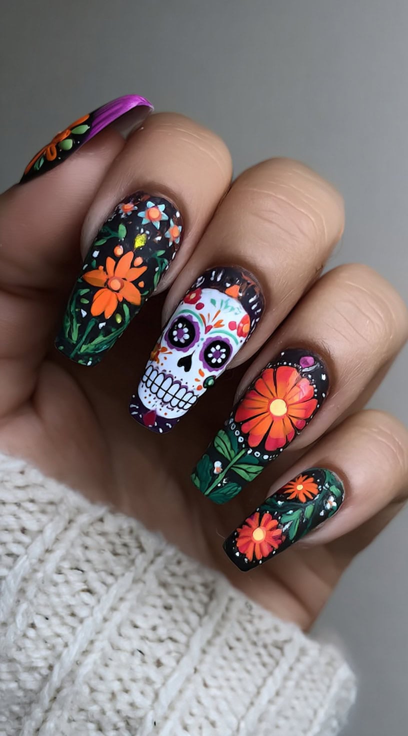Long coffin nails painted black and covered with colorful hand-drawn flowers and a white sugar skull.