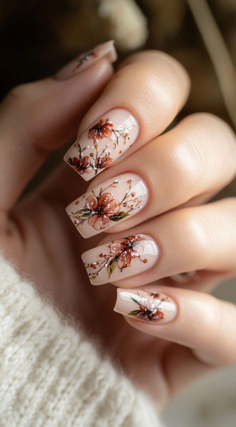Long, square-shaped nails with a soft beige base adorned with intricate hand-painted brown and rust-colored flowers with delicate stems and gold accents.