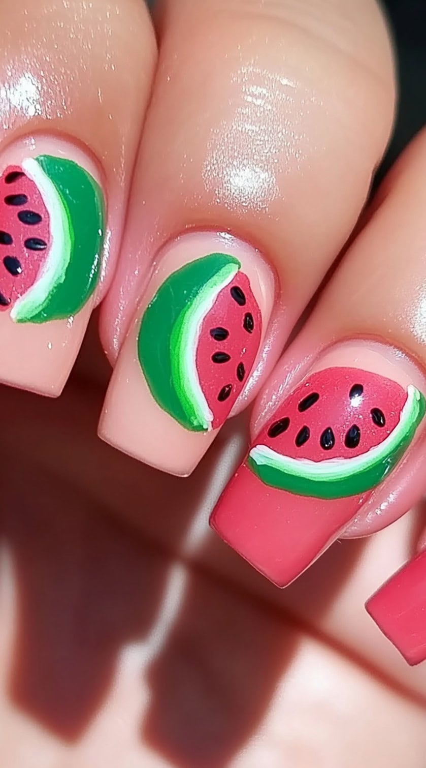 Close-up of square nails with hand-painted red watermelon slices featuring detailed green and white rinds and black seeds.