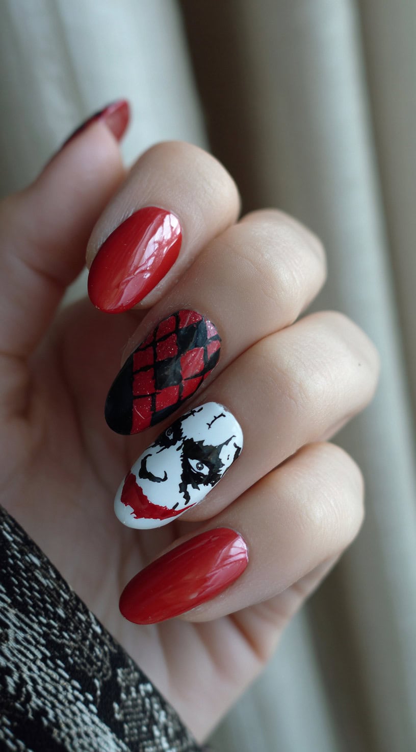 Short almond nails in red and black featuring a minimalist Joker face and glittery red-black diamond pattern.