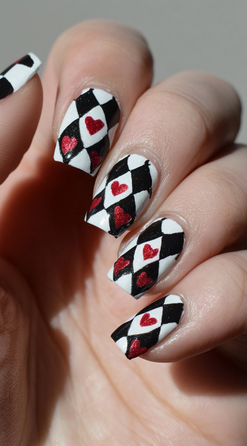 Square-shaped nails featuring a black and white diamond pattern filled with small red glitter hearts.