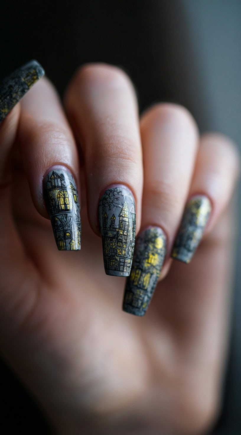 A hand with coffin-shaped nails featuring intricate haunted mansion illustrations with glowing yellow windows.