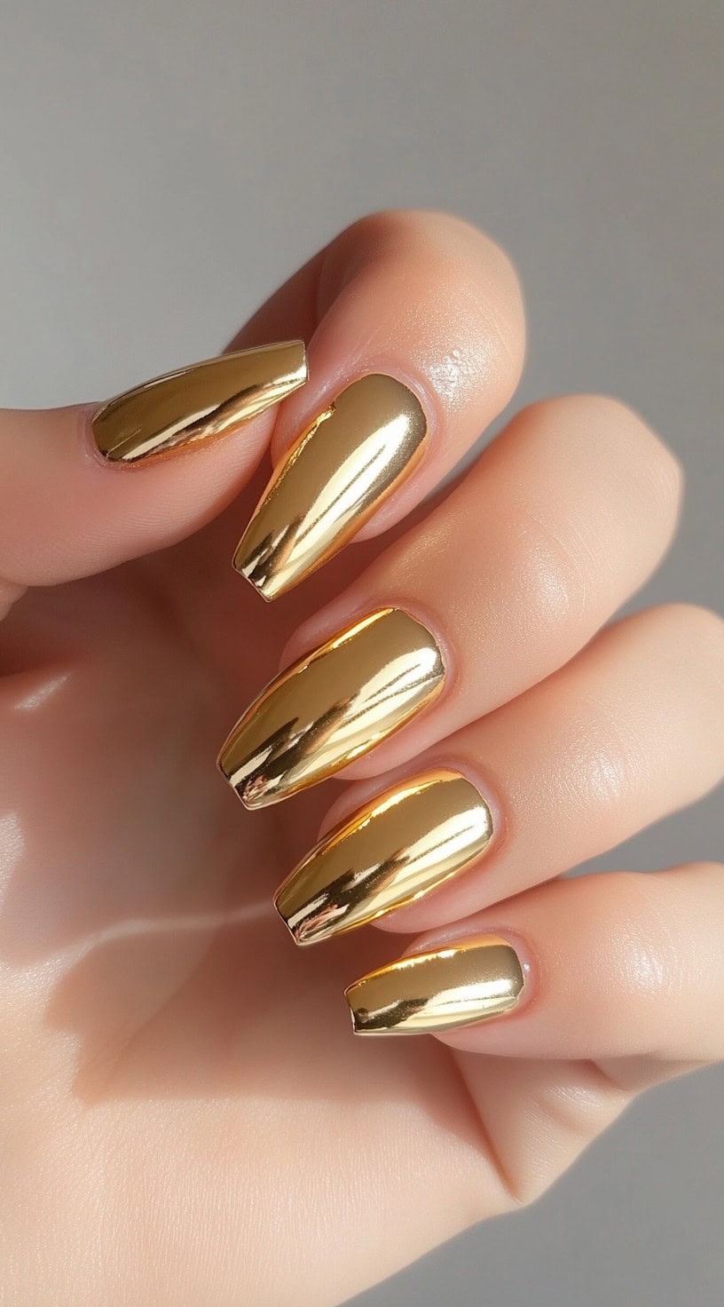 A hand with long, coffin-shaped nails painted in a high-gloss, mirror-like gold chrome finish.