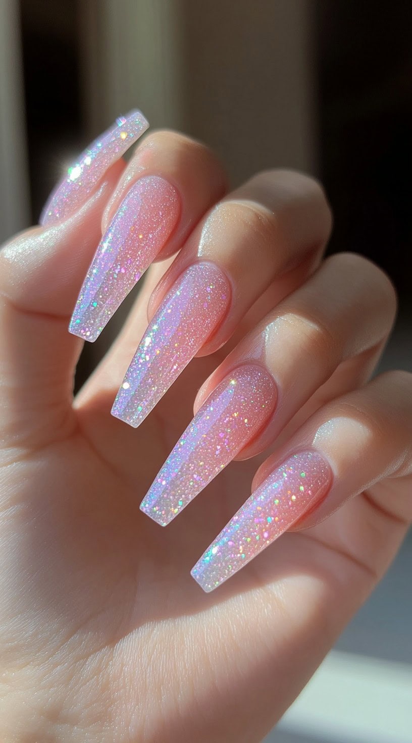 Long coffin-shaped nails with a sheer pink base, coated in ultra-fine holographic glitter that sparkles in the light.