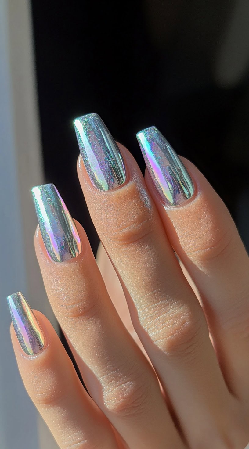 A close-up of long coffin-shaped nails with an iridescent silver chrome finish reflecting rainbow hues in bright light.