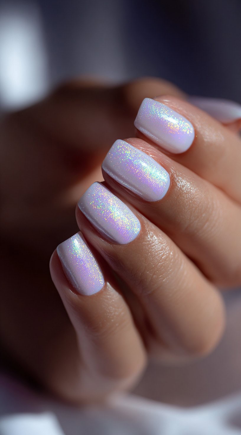 Medium-length square nails painted with a white base and topped with a luminous holographic sparkle.