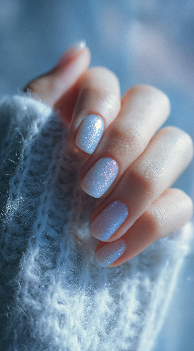 Short rounded nails with a light blue base and an icy glitter finish that reflects pink and silver shimmer.