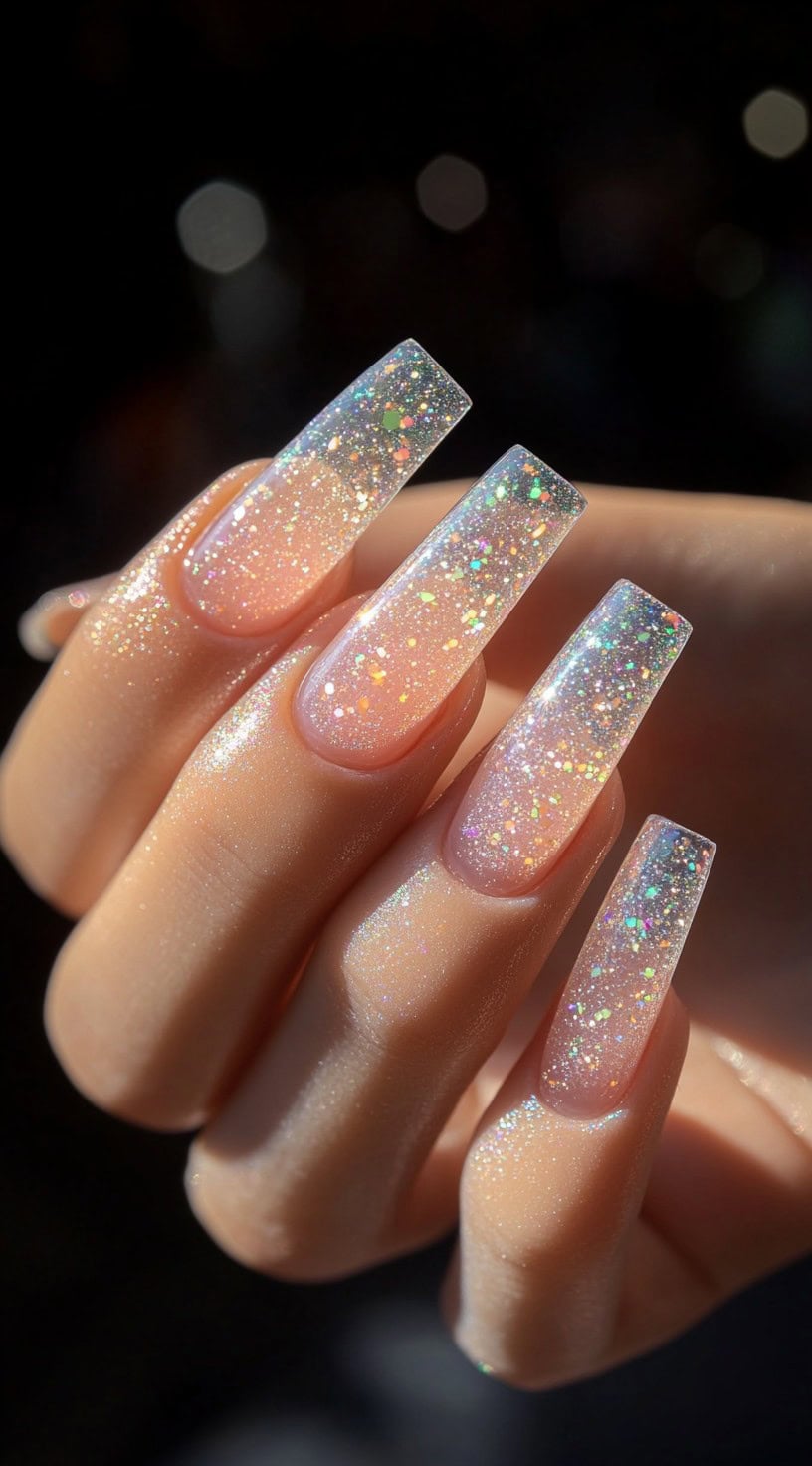 Square-shaped nails with a clear base, adorned with iridescent glitter that catches the light beautifully.