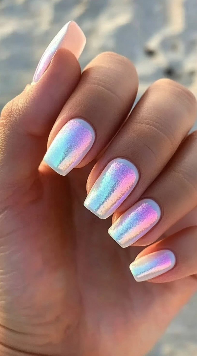 Hand with square-shaped nails featuring an iridescent holographic finish.