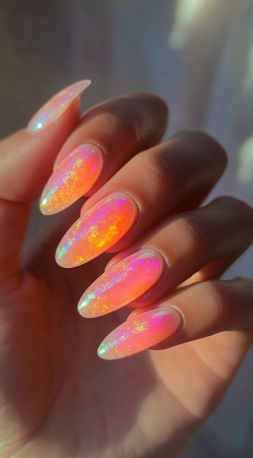 Almond-shaped nails with a glowing pink and orange base, covered in holographic iridescent flakes that reflect light in rainbow hues.