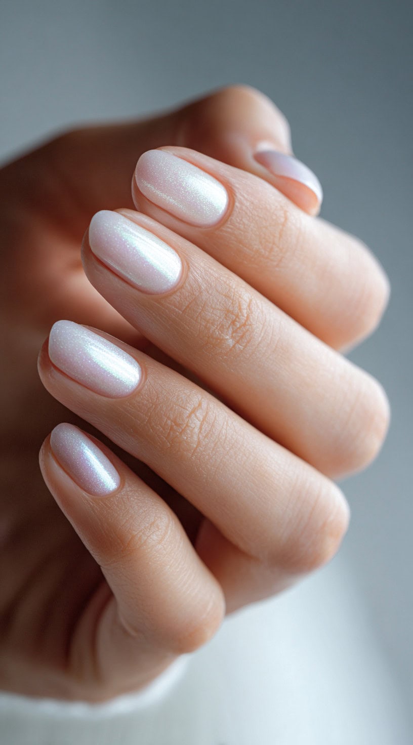Oval-shaped nails with a soft pearl iridescent finish that shifts between pink, white, and lavender tones.