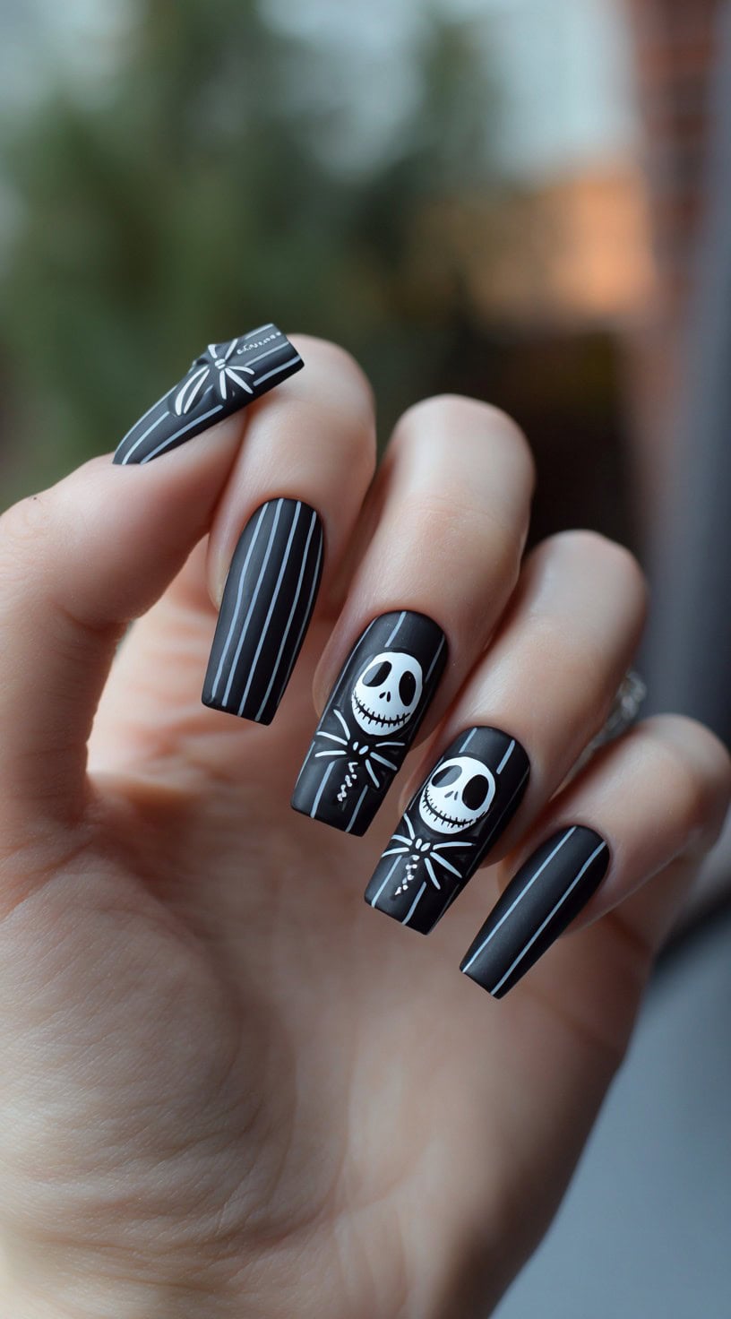 Hand with long black coffin nails featuring white pinstripes and Jack Skellington's face.