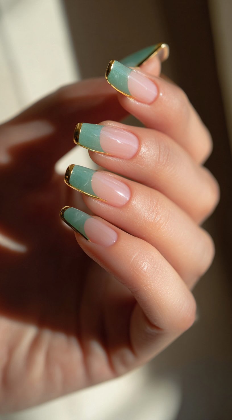 A hand with almond-shaped nails featuring jade green French tips outlined in metallic gold over a soft pink base.