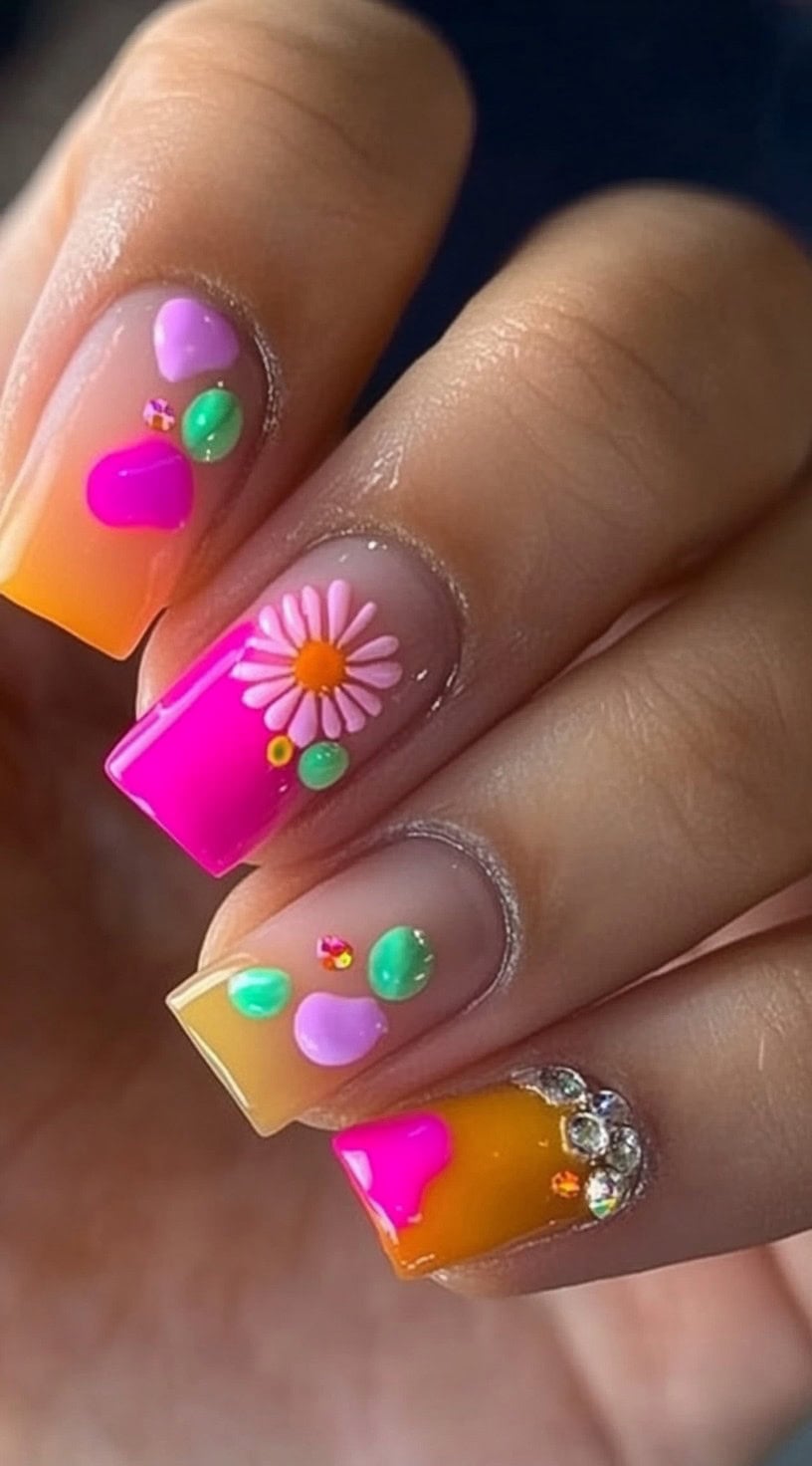 Square nails with neon jelly colors, floral accents, and rhinestone embellishments.