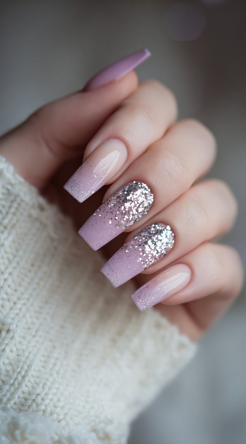 Coffin-shaped nails in a soft lavender ombré with heavy silver glitter accent nails at the center for dramatic impact.