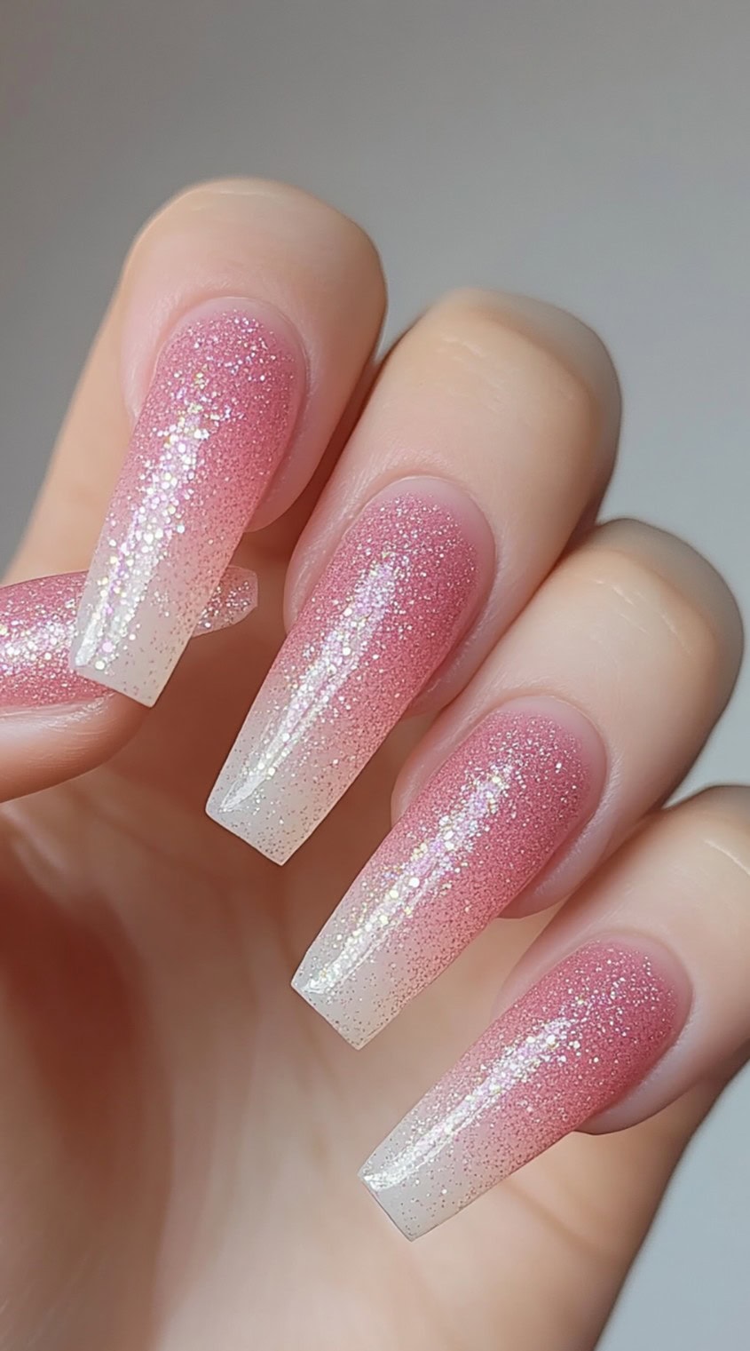 Long coffin-shaped nails with a pink glitter fade blending into white tips.