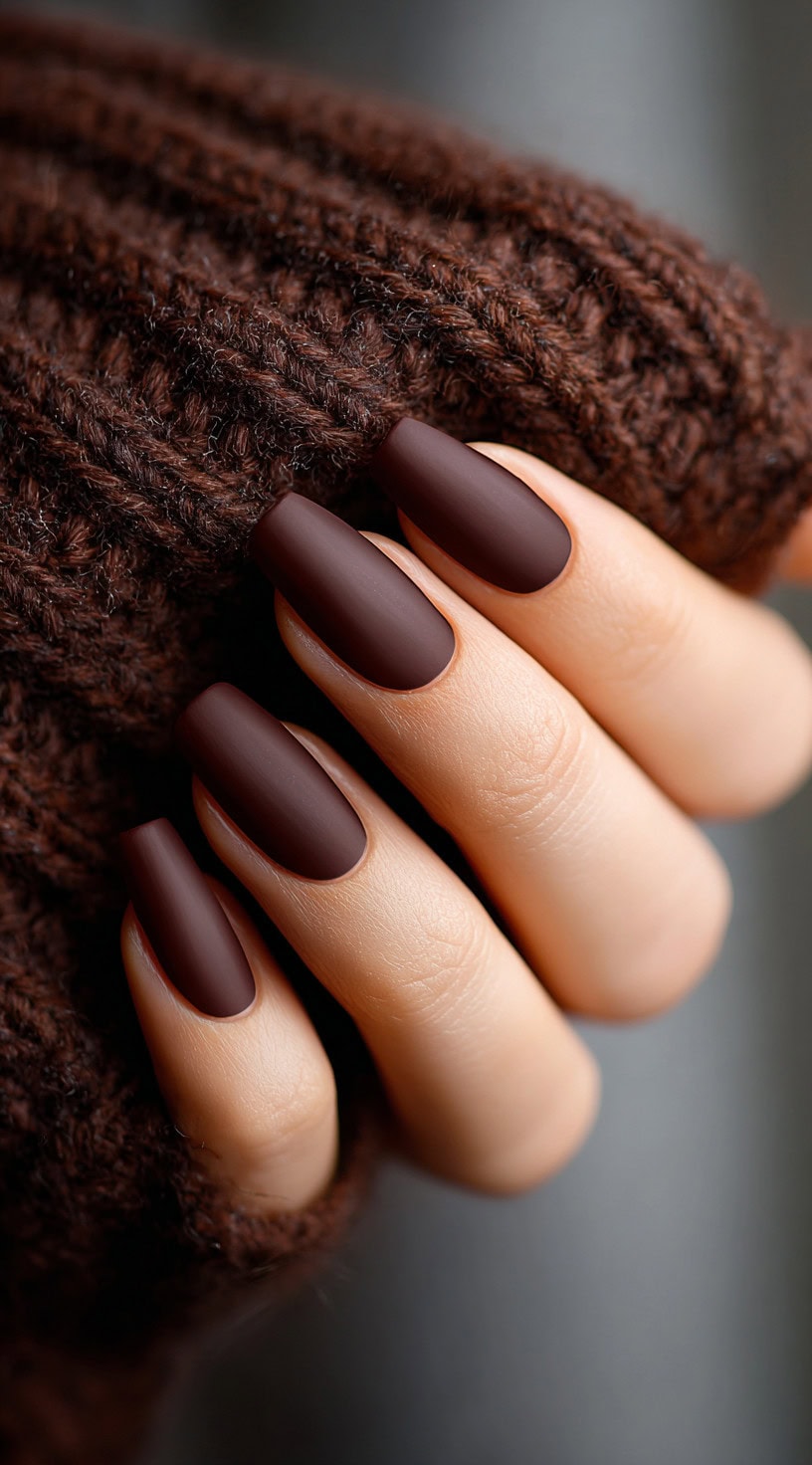 Long coffin-shaped nails in a deep matte chocolate brown, styled with a chunky knit sweater.