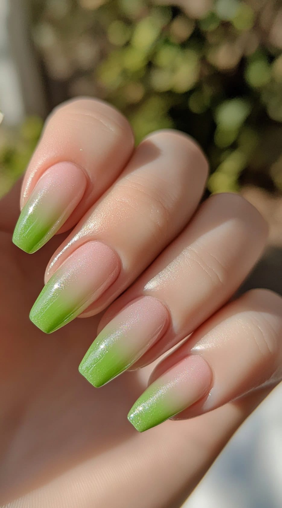 A hand with long square-shaped nails featuring a pink to green ombre with a subtle shimmer.