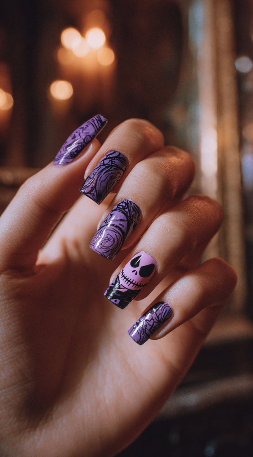 Long square nails in deep purple with swirling black patterns and Jack Skellington face accent.