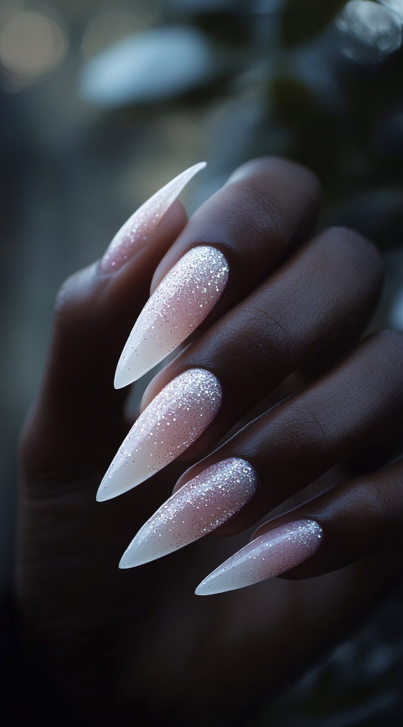 A hand with long stiletto nails featuring a pink-to-white ombré base covered in fine silver glitter.