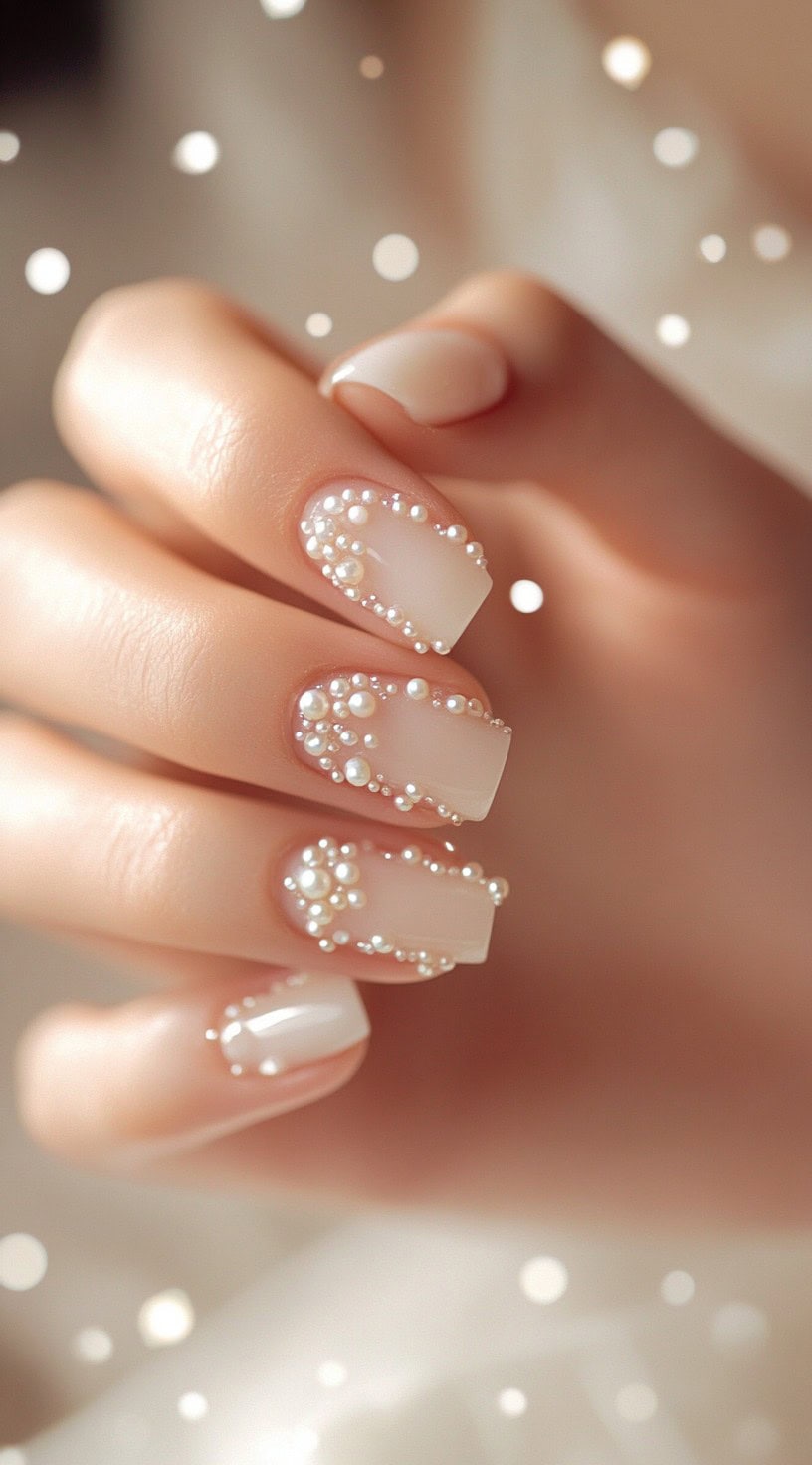 A close-up of a bride's hand with short square nails, coated in a soft nude-pink shade and adorned with clustered pearl embellishments for a luxurious bridal look.