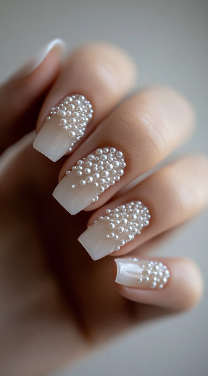 A close-up of square-shaped nails with a sheer white base, densely decorated with different-sized pearls covering most of the nail surface.