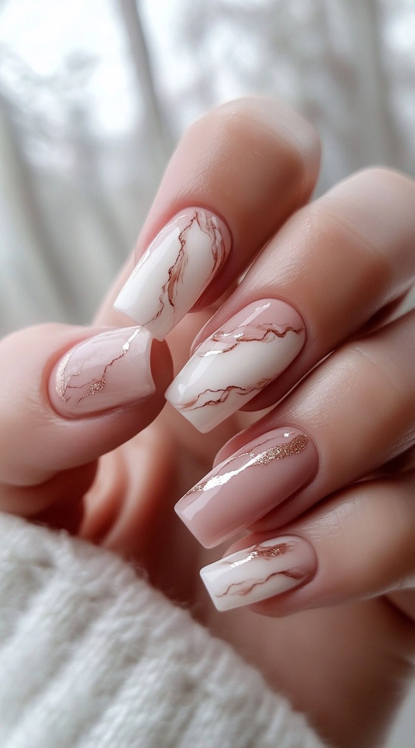 Square nails featuring a soft pink and white marble pattern with fine rose gold veining.