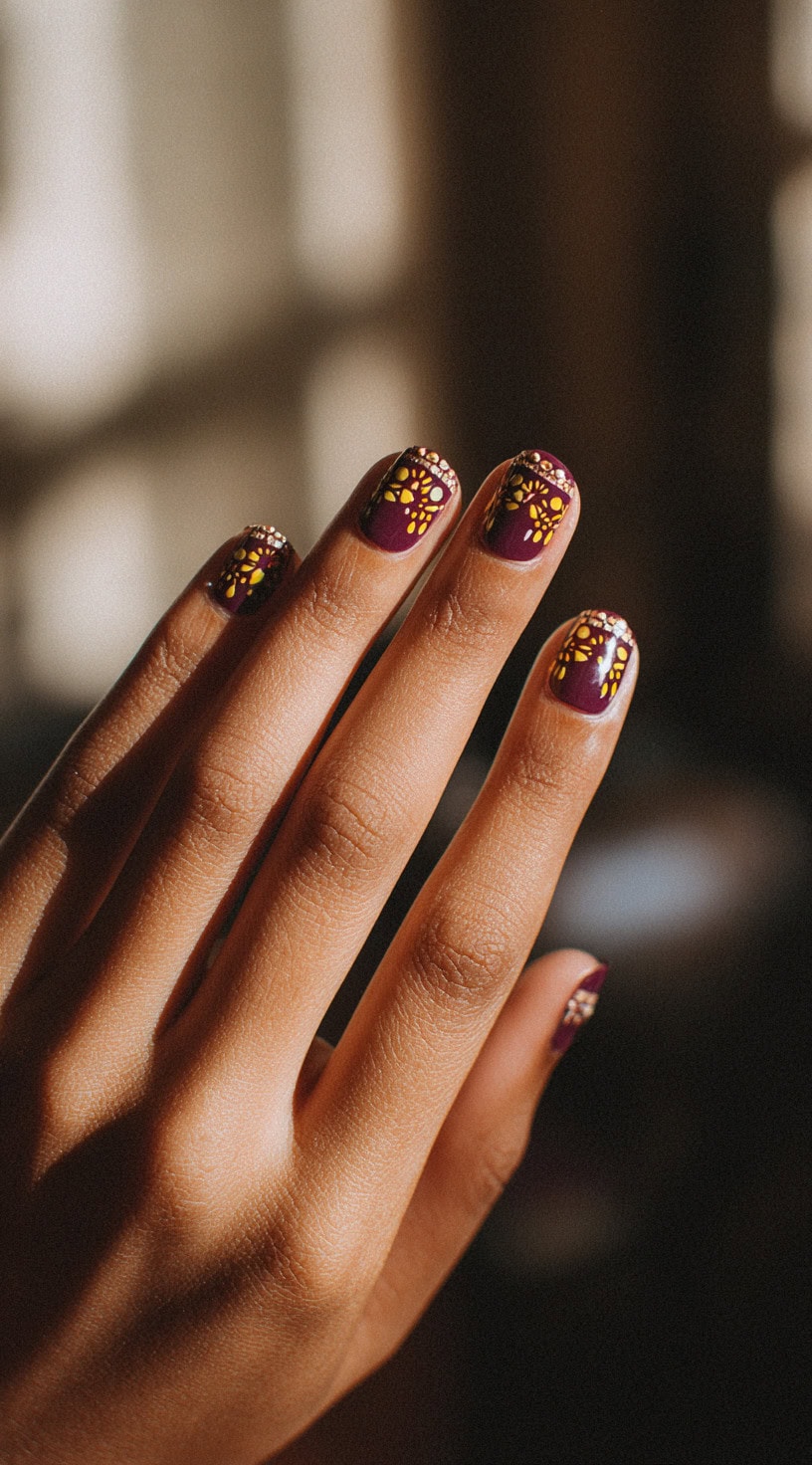 Hand with maroon nails featuring yellow-orange marigold-style flowers and dotted cuticle detailing.
