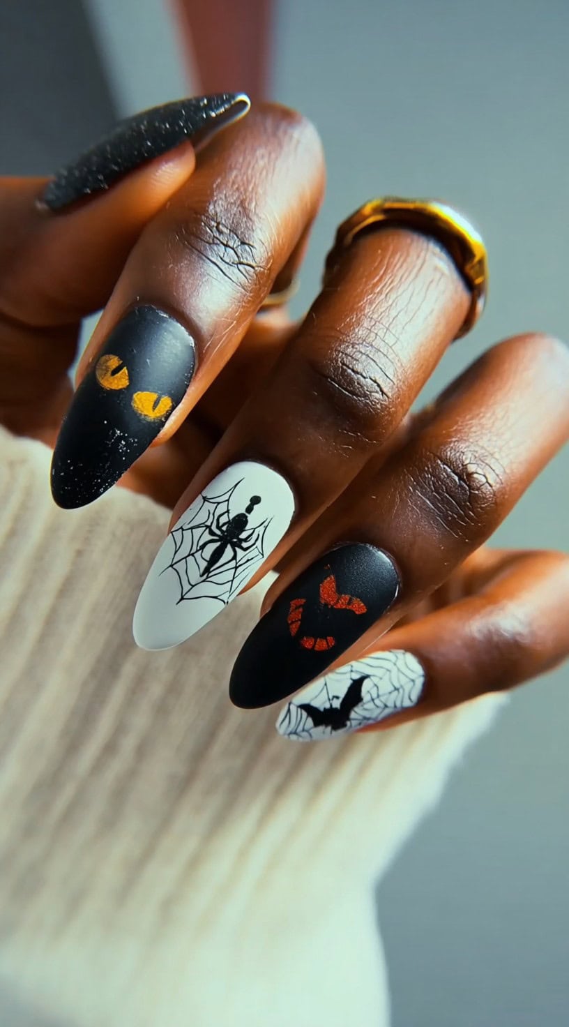 A hand with almond-shaped matte black and white nails featuring yellow cat eyes, spider webs, bats, and Halloween accents.