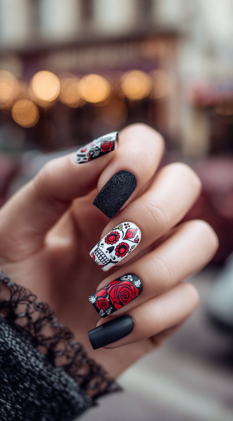 Hand with long square nails featuring matte black, glossy skulls, and red rose art.