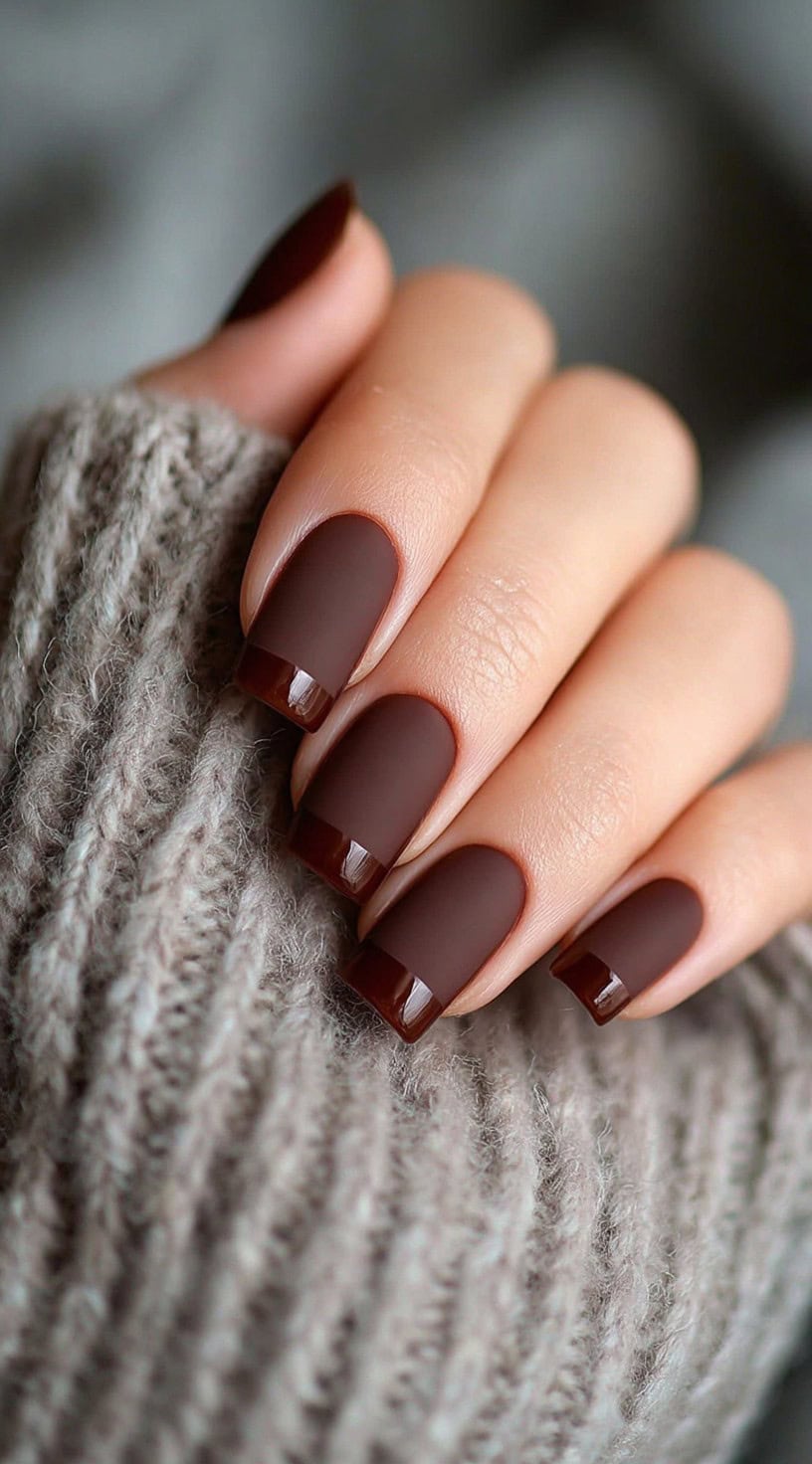 Square nails with a matte chocolate brown base and glossy brown French tips.