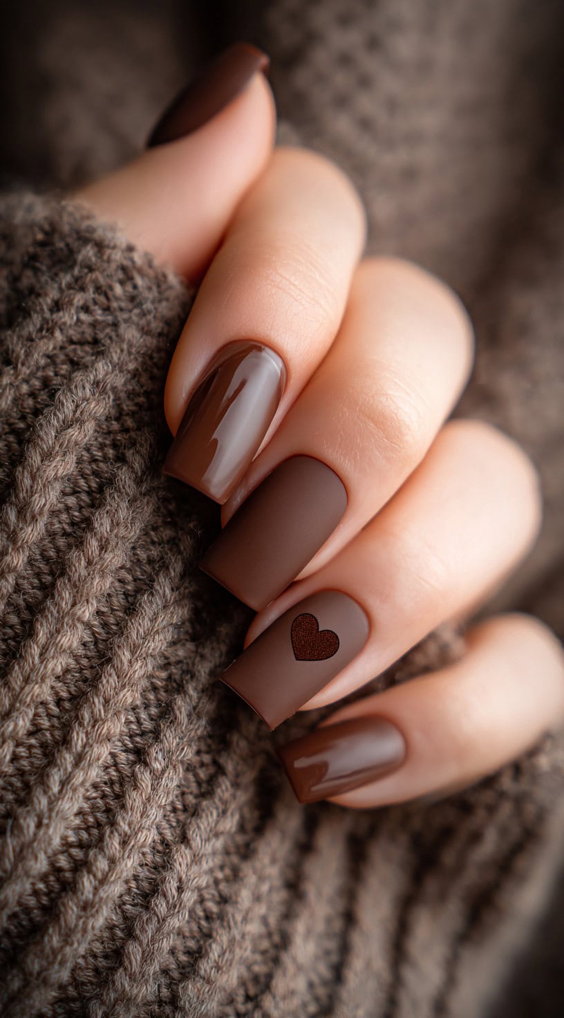 Square chocolate brown nails featuring a mix of matte and glossy finishes, with a small heart design on one nail.