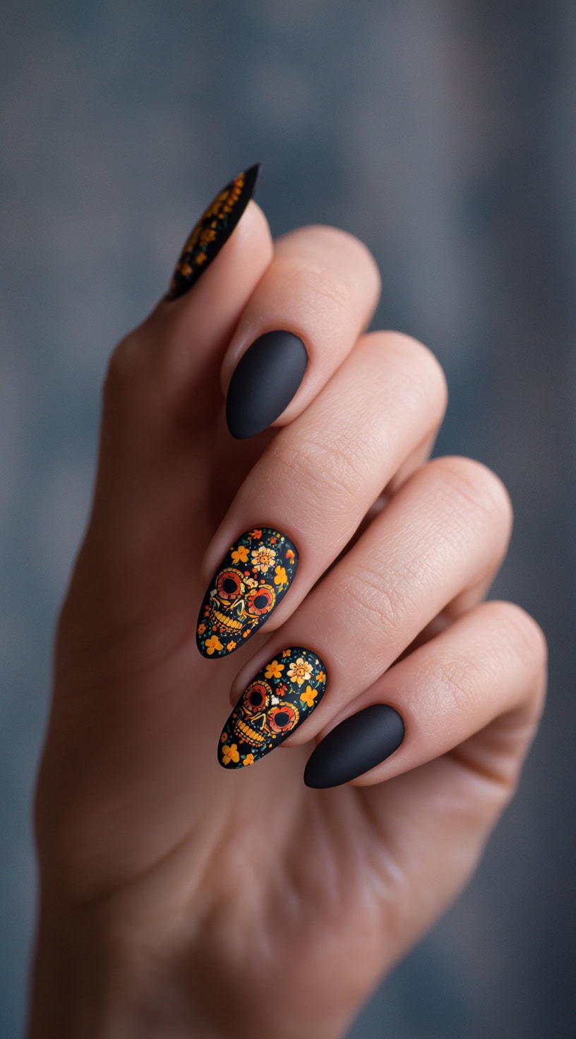 Matte black almond nails with detailed orange sugar skulls and floral patterns covering the middle and ring fingers.