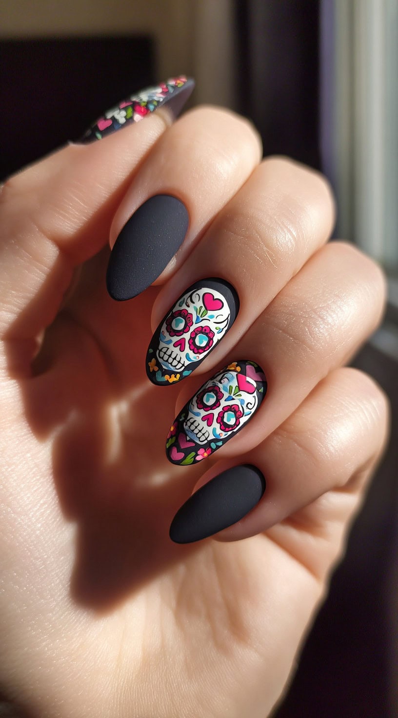 Close-up of matte black almond nails featuring two white sugar skulls with pink hearts and floral decorations.