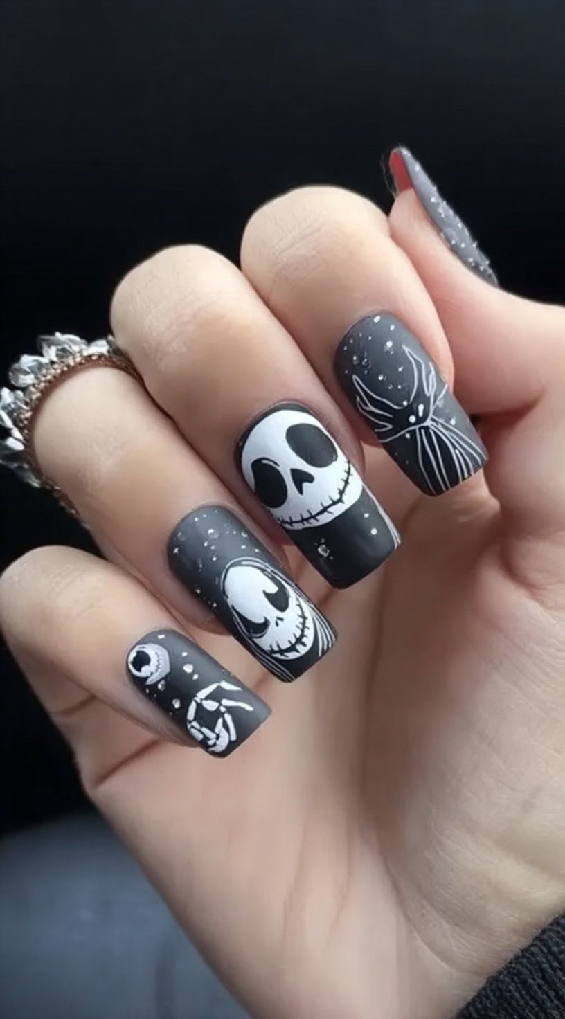 Long square matte black nails with hand-painted Jack Skellington faces, bones, and Nightmare Before Christmas motifs.
