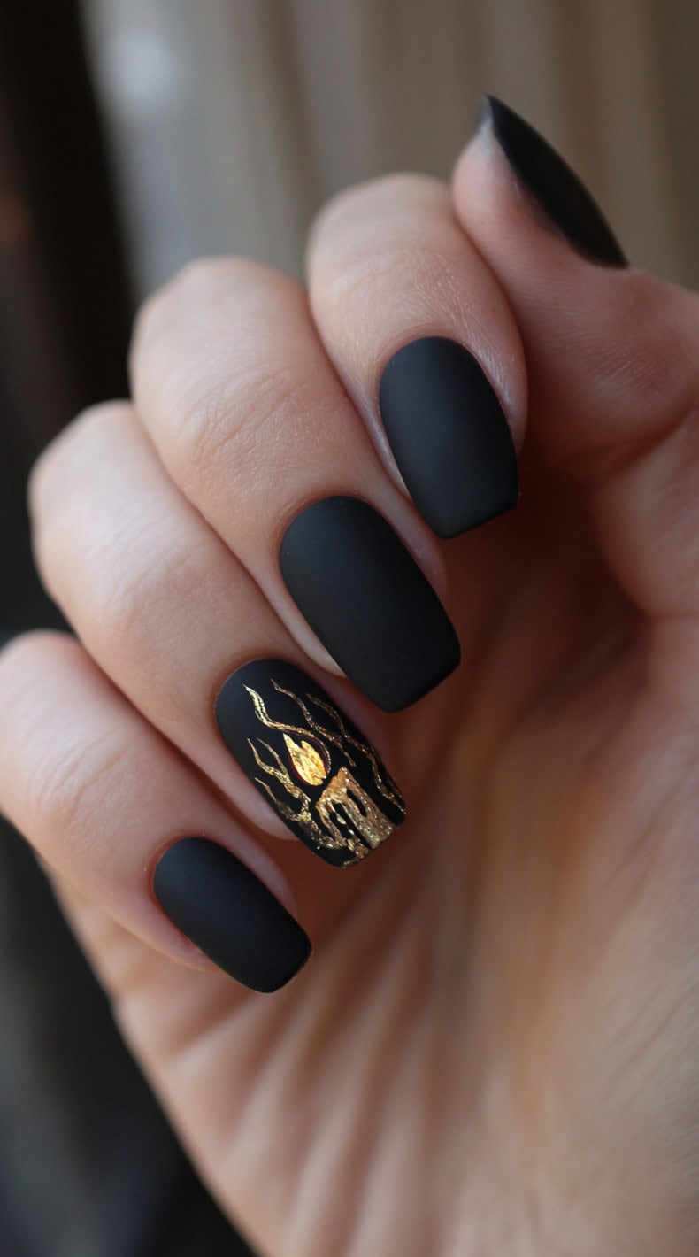 Short matte black nails with a single gold-foil candle decal glowing from a shadowy house silhouette.