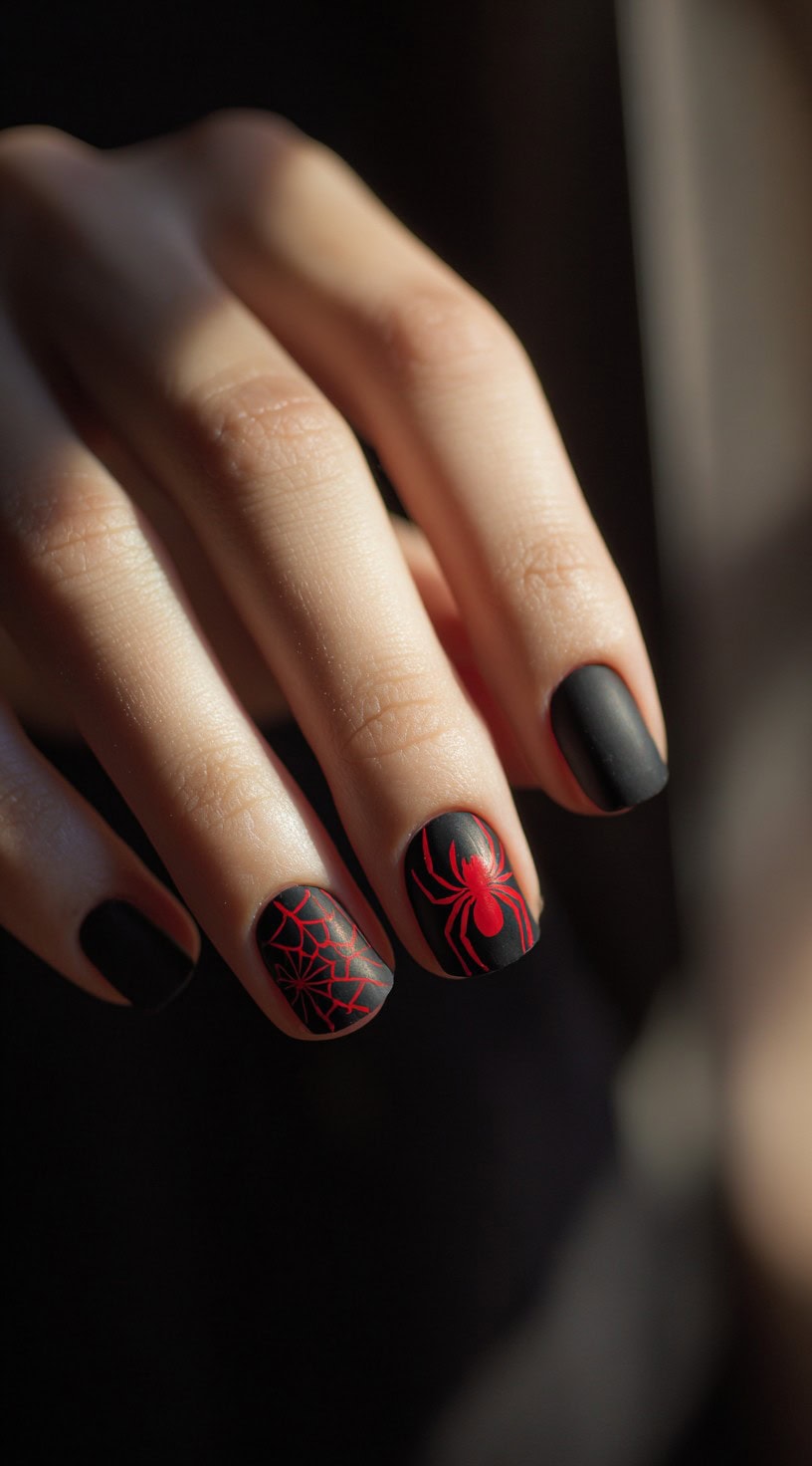 A hand with matte black nails, two of which have red spider and web designs.