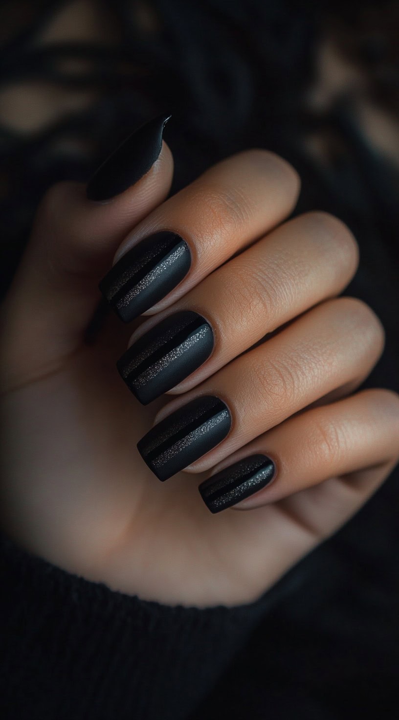 A set of medium-length, square-shaped matte black nails with thin, glittery vertical stripes for a sleek, modern look.