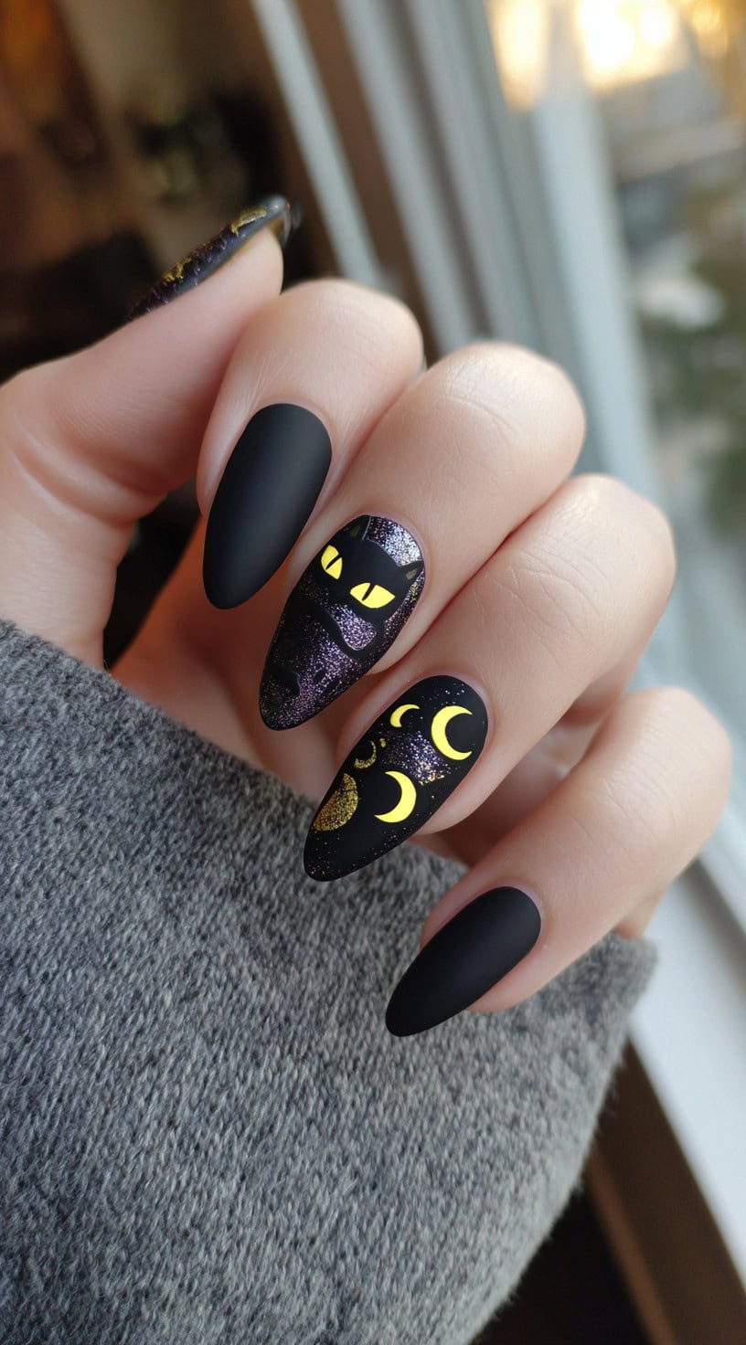 Almond-shaped nails with a matte black finish, one featuring a cat with glowing yellow eyes and another decorated with crescent moons.