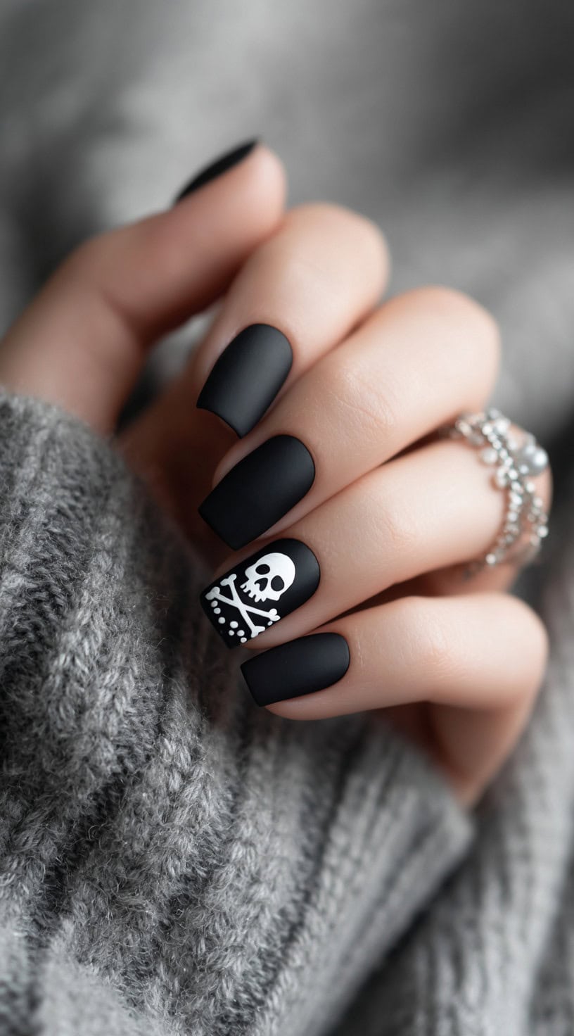Square-shaped matte black nails feature a clean white pirate skull and crossbones design on the ring finger.