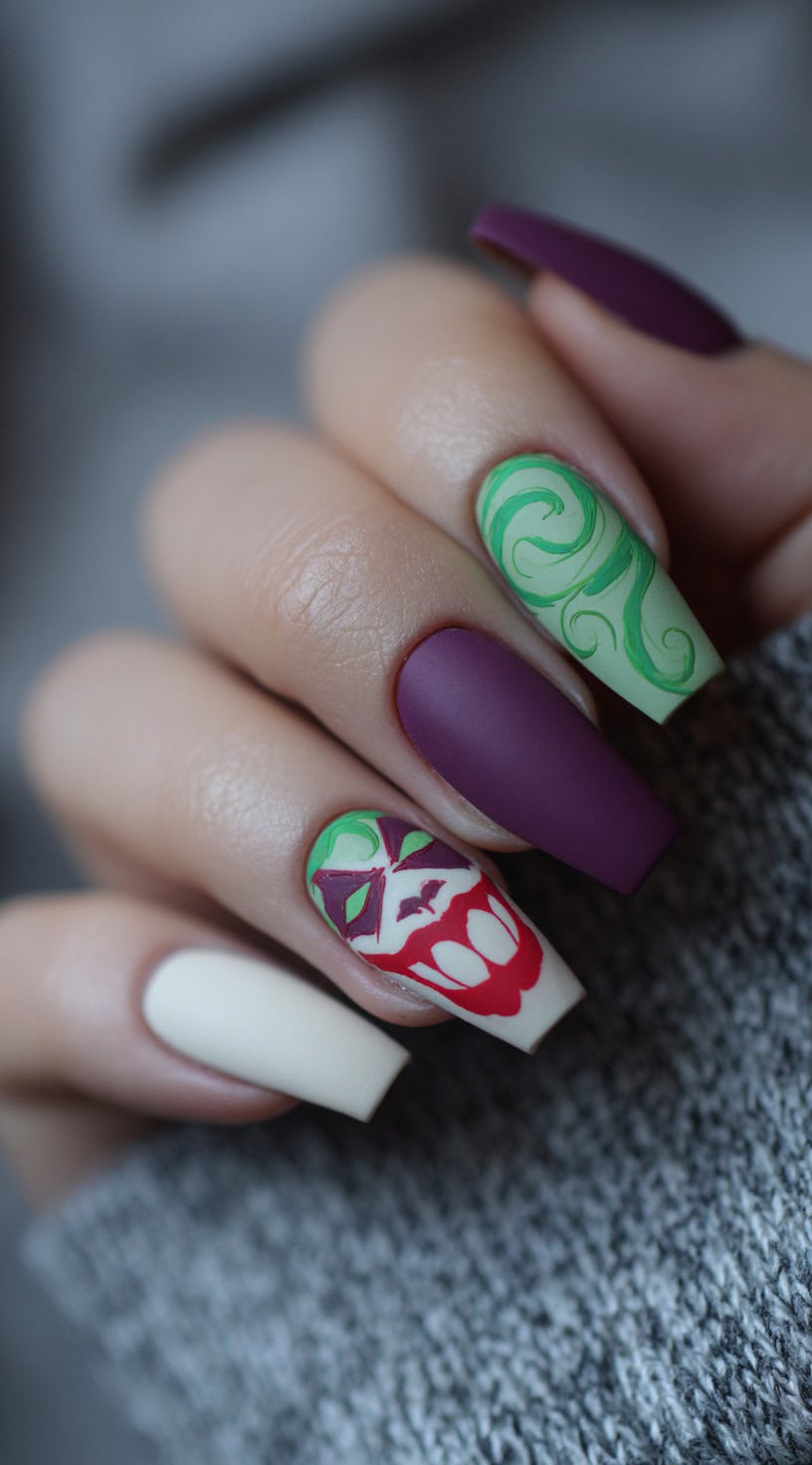 Matte coffin nails in ivory, green, and plum with one nail featuring a stylized red cartoon Joker smile and eerie green eyes.