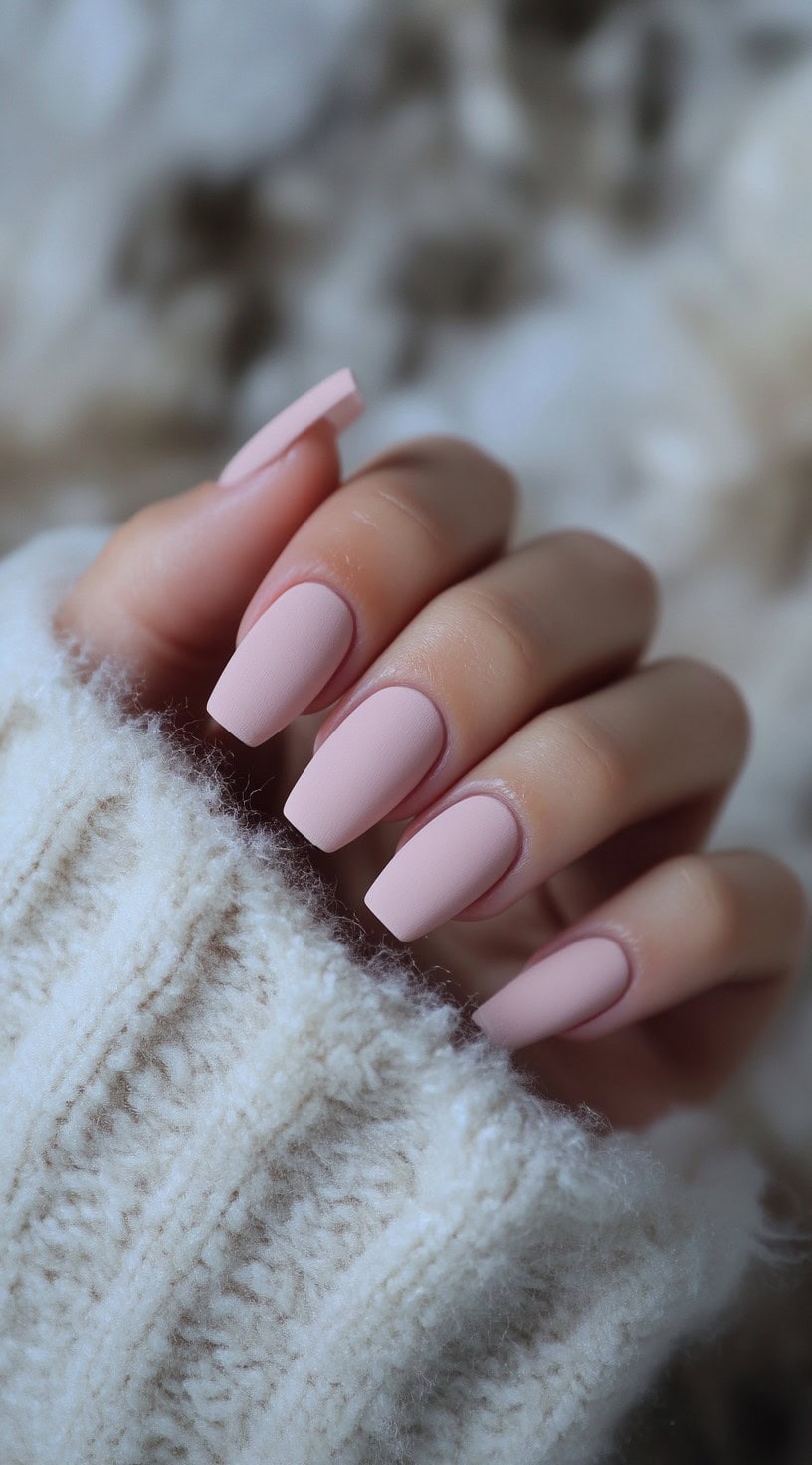 A set of coffin-shaped nails painted in a soft, matte blush pink shade.