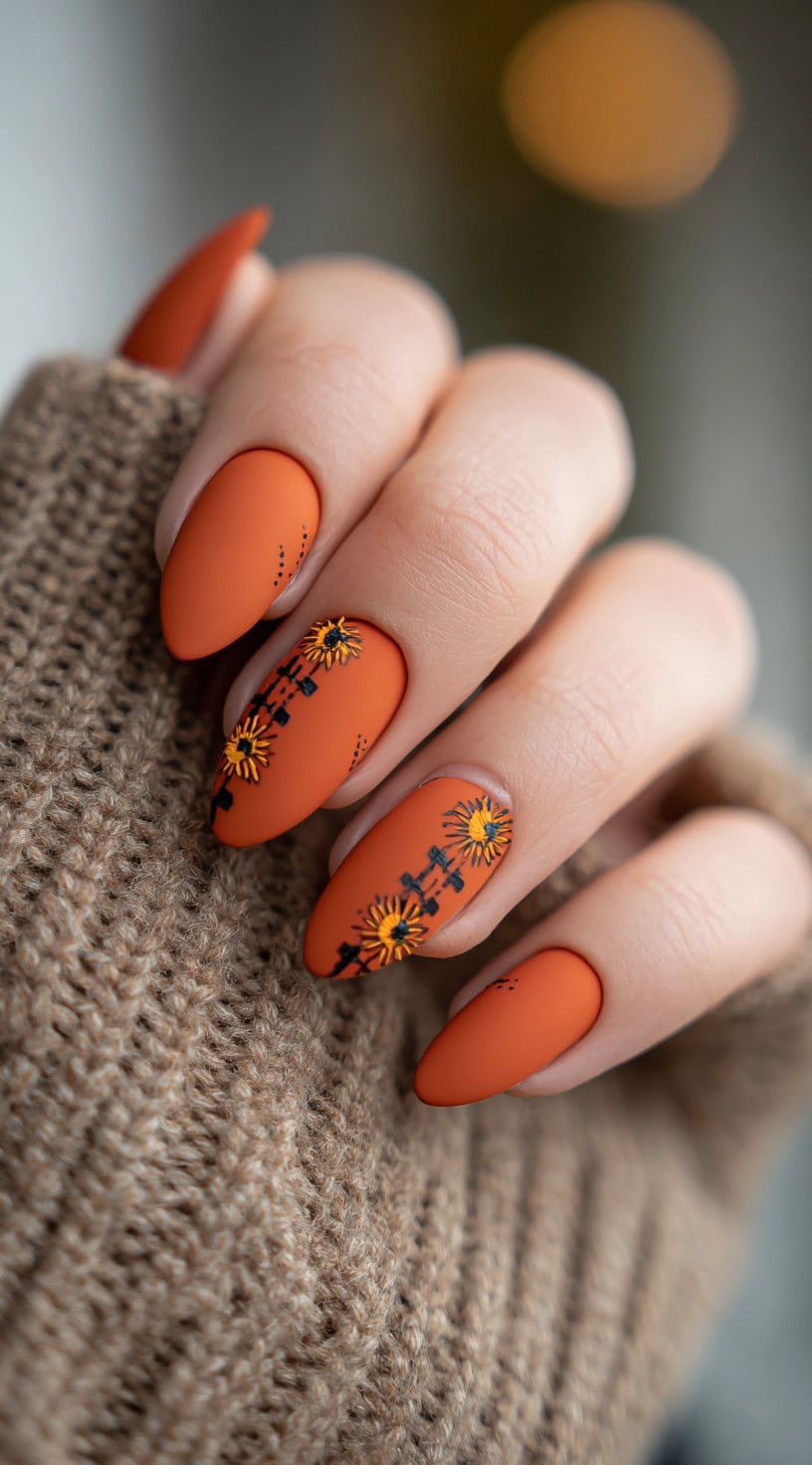 Almond-shaped nails in matte burnt orange featuring tiny yellow sunflowers and subtle stitched patch designs.