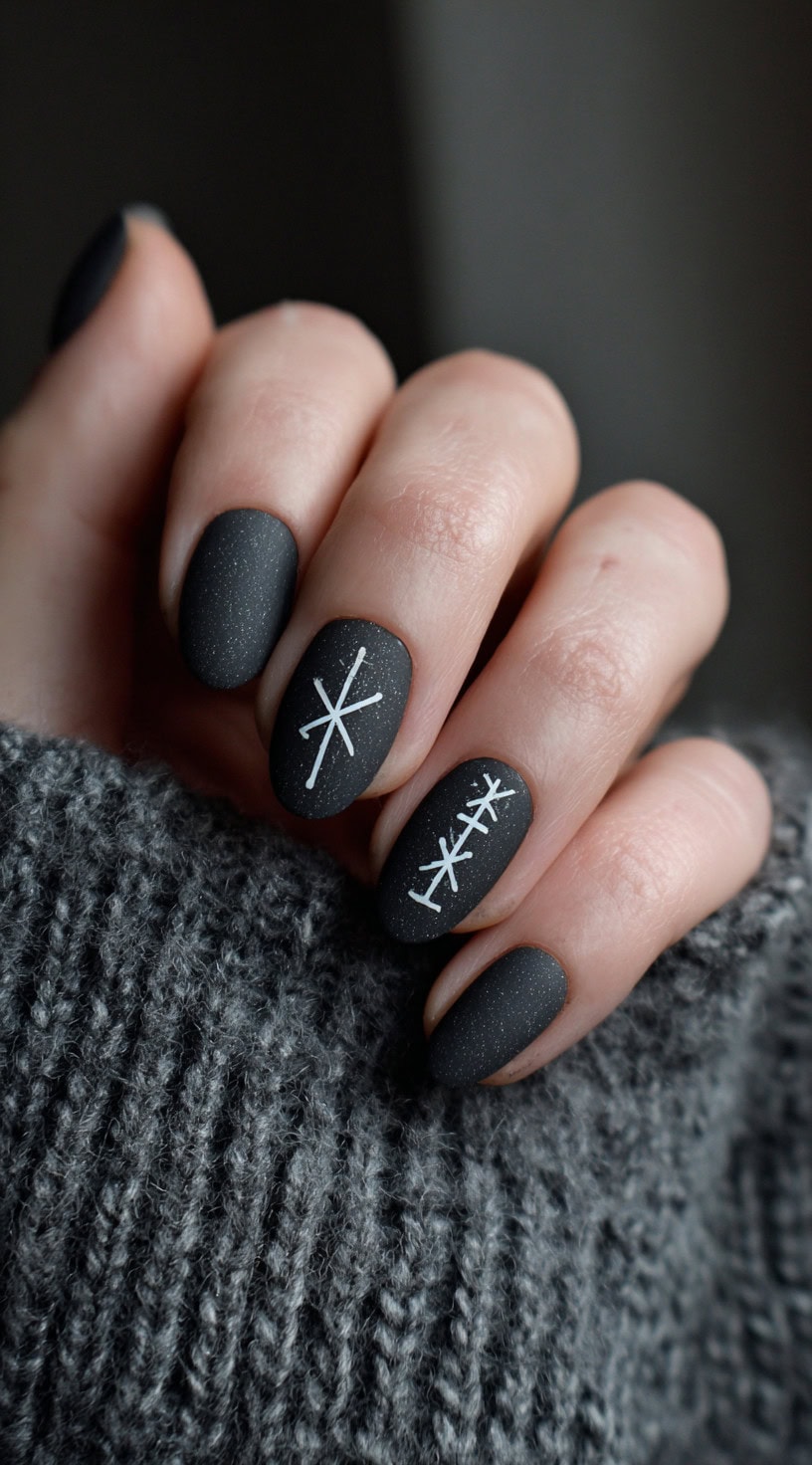 A hand with rounded matte charcoal nails featuring minimal white runic strokes on a few fingers.