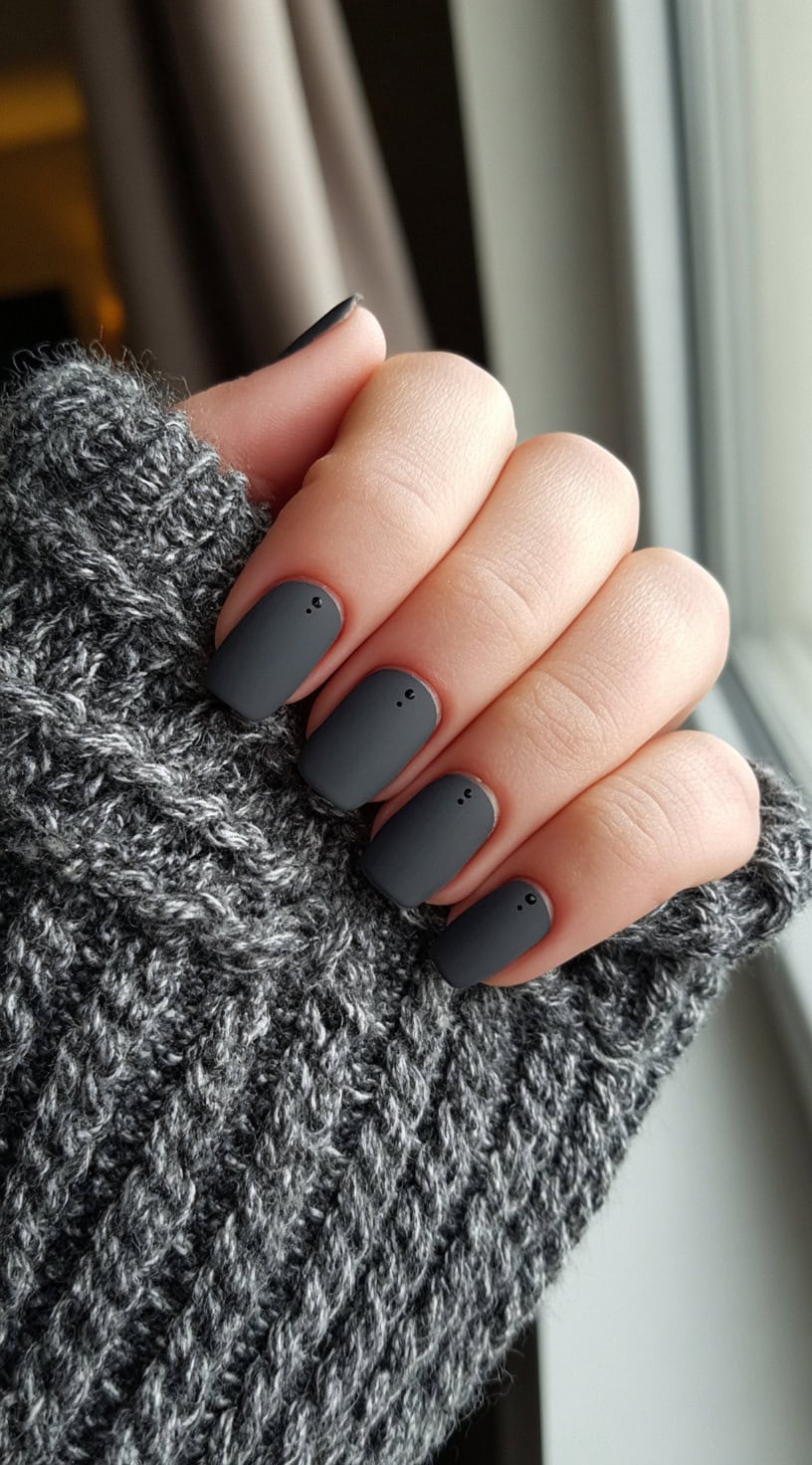 Short matte charcoal nails with small black dot accents near the cuticles.